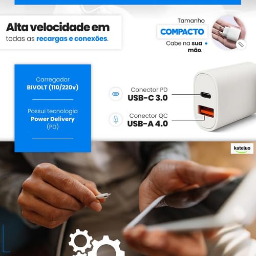 UTBRX Carregador Turbo 40w com Cabo e Fonte Entrada Dupla Carregador Rápido Compatível com iPhone X Xr SE 11 12 13 14, Conexão Lightning USB-C, Bivolt 110/220V - Premium Duo