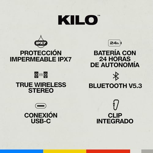 Kilo Cassa Wireless Bluetooth Portatile, Impermeabilità IPX7, 24 Ore di Autonomia, Stereo True Wireless con Cinghia Integrata per Viaggi e Uso all’Aperto - Black