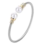 Monily 3MM Cable Wire Bracelet Stainless Steel Created-Pearl CZ Twisted Cuff Bangle for Women