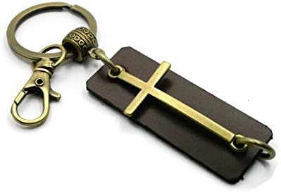 BrownBeans, Leather Tag Christian Cross Keychain Key Chain Keyring Fob Holder with Small Clip (BBKC2017) (Brown-Brass)