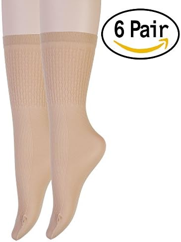 12 Pairs Women's Ankle High Sheer Nylon Socks All Kinds Special (Long Pattern Fit 6 Pairs, Beige)