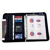 (Upgraded Fall 2018) Zippered Executive 3 Ring Leather Portfolio Binder Organizer Padfolio with Writing Notepad Planner, Solar Calculator, LED Pen and Carrying Handle for Business Professional (Black)