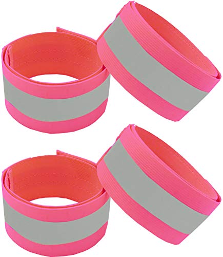 Reflective Bands for Wrist, Arm, Ankle, Leg. High Visibility Reflective Running Gear for Men and Women for Night Running Cycling Walking Bicycle. Safety Reflector Tape Straps. (Pink - 4 Bands)