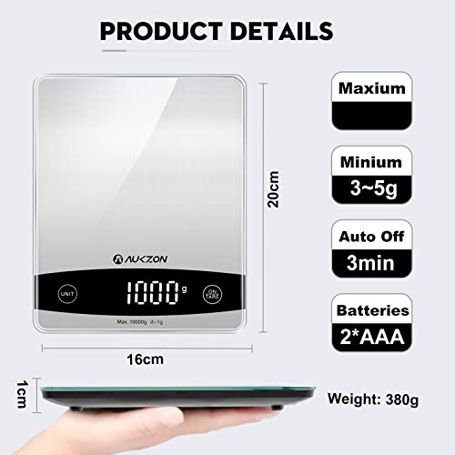 Küchenwaage Digital, AUKZON 10KG Küchenwaage Digitalwaage mit Großer Gehärtetem Glas Wägefläche, LED Display, Tara-Funktion, 1g Hohe Präzision Haushaltswaage Digital zum Backen Kochen inkl.2 Batterien