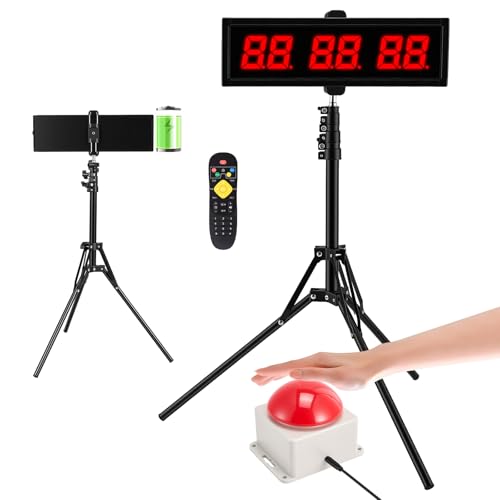 Cronómetro LED Competición, Cuenta Atrás Profesional con Trípode Ajustable 70-145cm, Botón de Disparo 3m y Mando a Distancia 10m, 6 Dígitos 2.3", Recargable 2000mAh, para Deportes Oficina Cocina