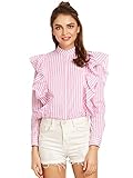 SheIn Women's Striped Ruffle Button Front Long Sleeve Blouse Medium Pink