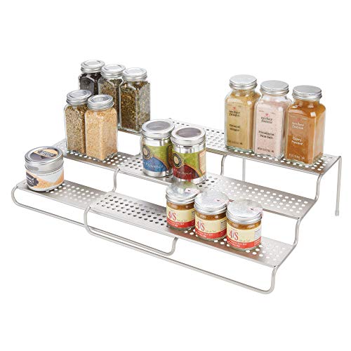 mDesign Adjustable, Expandable Kitchen Wire Metal Storage Cabinet, Cupboard, Food Pantry, Shelf Organizer Spice Bottle Rack Holder - 3 Level Storage - Up to 25" Wide, Matte Satin