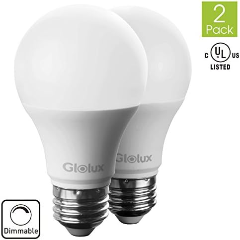 Glolux A19 Dimmable LED Light Bulb, 60 Watt Equivalent, E26 Base Daylight 9 Watt Pack of 2