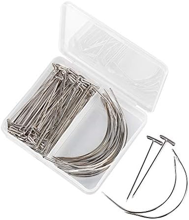 70 Pieces Wig Making Pins Needles Set, Wig T Pins and C Curved Needles Hair Weave Needles for Wig Making, Blocking Knitting, Modelling and Crafts