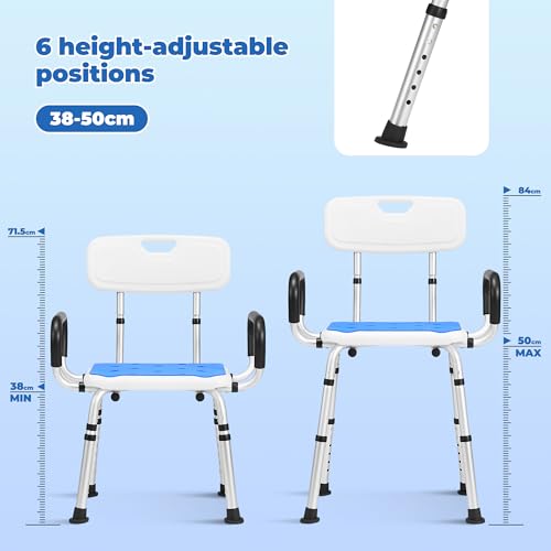 Careboda Shower Stool for Seniors, Shower Chair with Armrests and Backrest, Bathroom Stool 136 kg, Height Adjustable, up to 136 kg, Bath Chair for Seniors