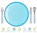 Brinware Tempered Glass and Silicone Plates for Toddlers - Grip Dish with Stainless Steel Utensils (5 Piece) Set Kids Dinnerware Non-Toxic Plate, Spoon, Fork, and Knife Place Setting (Blue)
