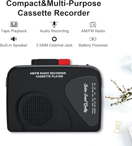 Reproductor de casete portátil y grabador de casete con radio AM/FM, altavoz integrado, conector para auriculares y clip para cinturón (negro)