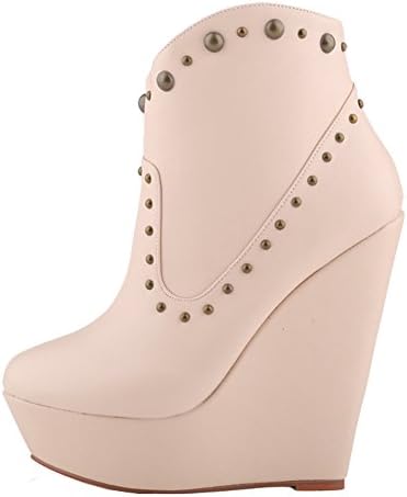 LOSLANDIFEN Women's Rivet High Heels Boots Ankle Wedge Bootie(519-1MA41, nude)
