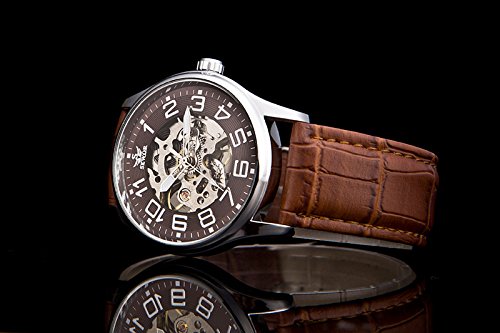 SEWOR orologio da polso scheletrato trasparente con cinturino in pelle (Marrone)