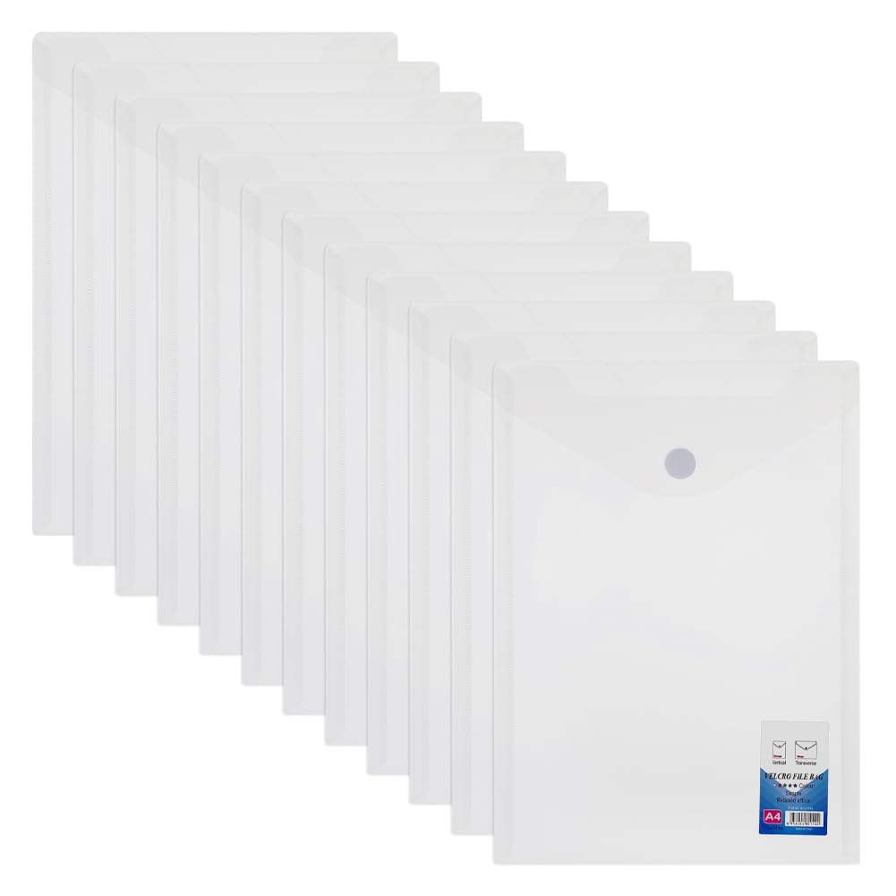 A4 Plastic Wallets Pack of 12 Transparent Popper Wallets Envelope for Document Paperwork Storage 4 Assorted Colours File Folders with Snap Button for Home Office School Supplies