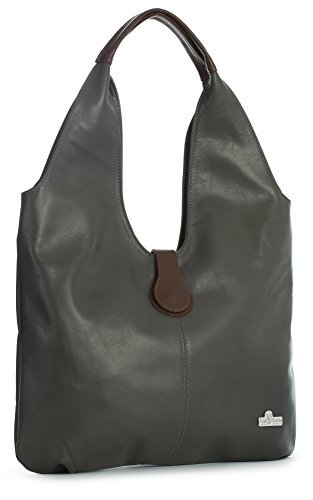 LiaTalia Genuine Italian Soft Leather Large Hobo Shopper Shoulder bag with Protective Dust Bag - Zoe [Dark Grey - Brown Trim]