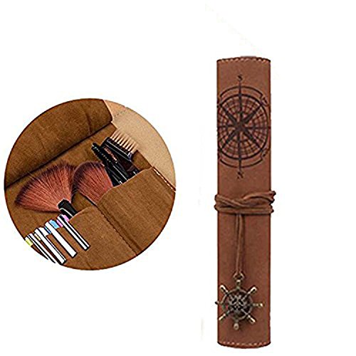 Prime Sale Day Deals Week 2018-Vintage Retro Luxury Roll Leather Pencil Case Treasure Map Make Up Cosmetic Bag Christmas Gifts for Kids (Brown)