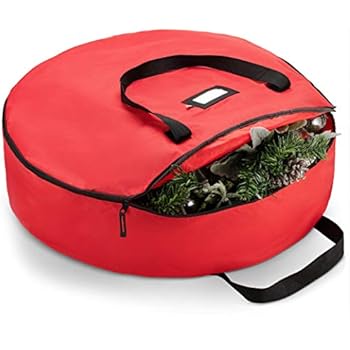 Zober Christmas Holiday Wreath Storage Bag - Premium 600D Oxford Tear Resistant Fabric Storage Bag for Christmas wreath with Sleek Zipper Featuring Transparent Card Slot for Labeling | 30 x 30 x 8 Red