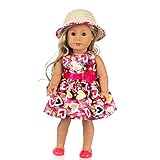 Livoty Clothes Dress Set with Hat for 18 Inch American Toy Girl Doll Flowers Printed Accessory Girl Toy (Hot Pink)