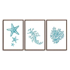 3 Piece Framed Canvas Wall Art Simple Seabed Elements Canvas Prints Home Artwork Decoration for Living Room,Bedroom - 16"x24"x3 Panels