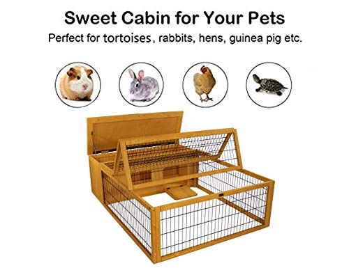 ROCKEVER Tortoise House Habitat Large Wood with Run, Wooden Small Animal Hutch Outdoor for Rabbits Chicks Guinea Pigs Metal Wire Playpen