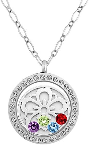 LuckyJewelry 30mm Round Magnetic Closure Floating Living Memory Locket Pendant Necklace,All Charms & Chain Include (Flowers 1)