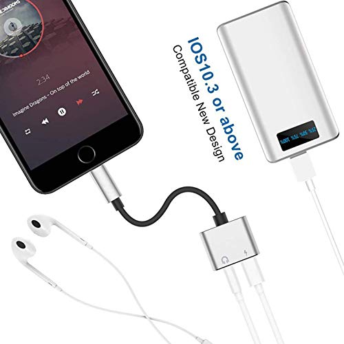 Headphones Adaptor for iPhone Xs/Xs Max/XR/ 8/8Plus/X(10)/7/7Plus to 3.5mm Jack Converter Car Charge Accessories Cables & Audio Connector 2 in 1 Earphone Splitter Adaptor Support All iOS Syste -Silver