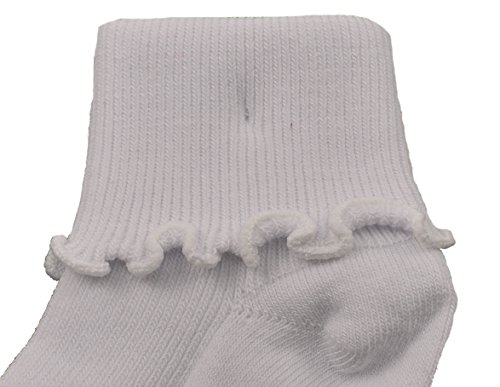 Sierra Socks Girls Cotton Lettuce Ripple Edge Turn Cuff Seamless Toe Non Skid 3 Pair Pack (Fits Shoe Size 4.5-8.5 Socks Size 5-6.5, White)