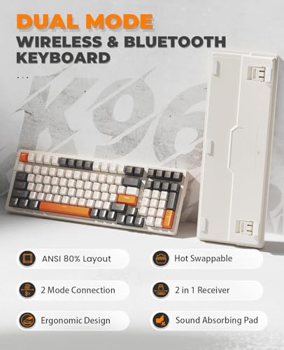 Wireless Mechanical Keyboard, Trip Mode 2.4G and BT5.0 2-in-1 Receiver, Type-c, 100 Keys Hot Swappable Switches, Gaming Keyboard with Number Pad, for PC Gamers or Mac or Windows (Khaki)