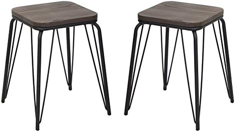 VIVA HOME Stackable Indoor and Outdoor Metal Barstool With Wood Seat, 18 Inch, Set of 2, Black