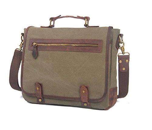 Nasis Men's Retro Casual Vintage Leather Canvas Travel Duffel Tote Laptop Shoulder Handbag Messenger Briefcase Laptop Leisure Bag AL4021 (army green)