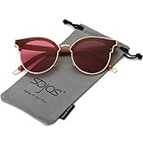 Sojos Fashion Cat Eye Round Mirrored Flat Lenses Metal Frame Oversized Women Sunglasses SJ1055 Gold/Burgundy