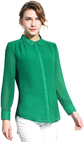 Nadine Women's Elegant Long Sleeve Button Down Chiffon Shirt Blouse Green X-Large