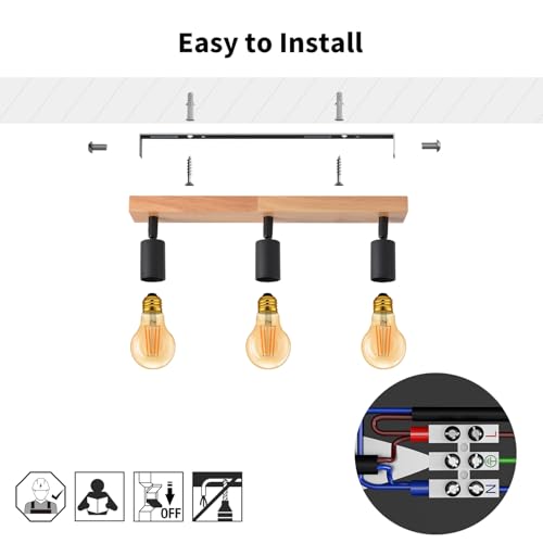 LVWIT LED Spotlights Indoor Wooden Ceiling, Ceiling Lamps with 3 Bases, Ceiling Spotlights with E27, Adjustable Black Ceiling Lamp, Indoor LED Spotlight for Living Room, Bedroom, Kitchen, Hallway (without Bulb)