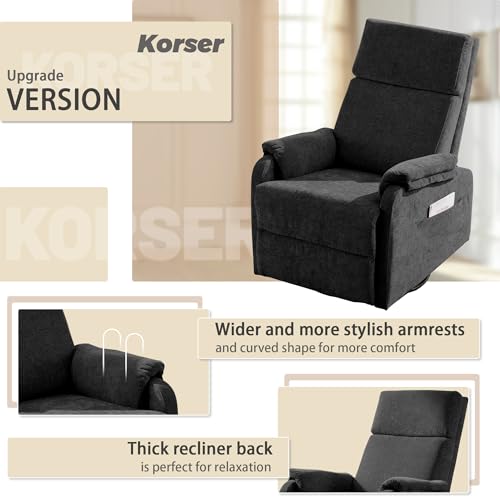 Korser Recliner Chair, Swivel Rocking Recliner Chair for Adults, Glider Rocking Chair, Small Nursery Chair Recliner for Living Room, Reclining Chair with Modern-Designed Armrests, Chenille, Black