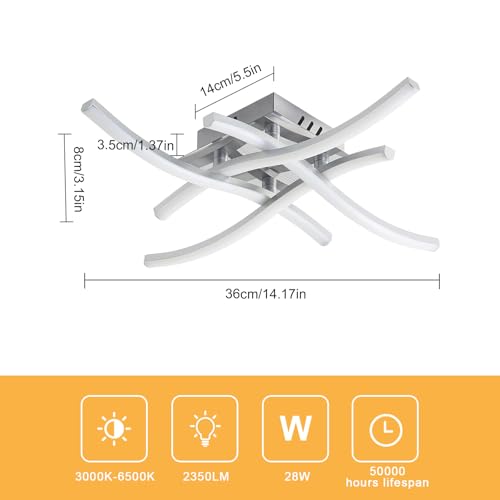 Dorlink LED Ceiling Lights, Modern Dimmable Light with Remote Control, Elegant Curved Design Chandelier 4 Built-in Boards, 28W 2350LM Silver Chrome Lighting for Living Room, Bedroom