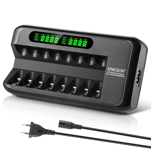 ENEGON AA AAA Rechargeable Battery Charger with LCD Display - 8 Independent Slots - Smart Ni-MH/Ni-CD Fast Charger with Protection - 100-240V AC Adapter