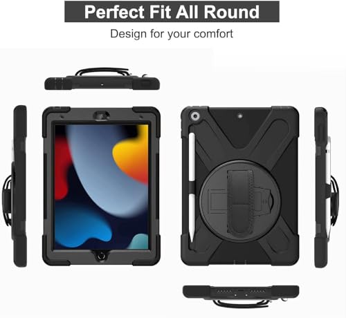 Gerutek Shockproof Case for iPad 9th/8th/7th Generation, 10.2 Inch, Rugged Armor Case with Rotating Stand, Hand Strap & Shoulder Strap, Pen Holder, Sleeve for iPad 10.2 Inch (2021/2020/2019), Black