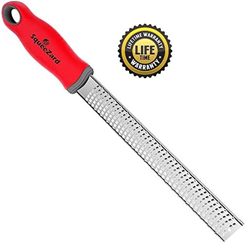 Lemon Zester, Cheese Grater - with Plastic Safety Cover - Multipurpose Grater for Citrus, Parmesan, Garlic, Nutmeg, Ginger, Coconut - Stainless Steel Sharp Blade - Red