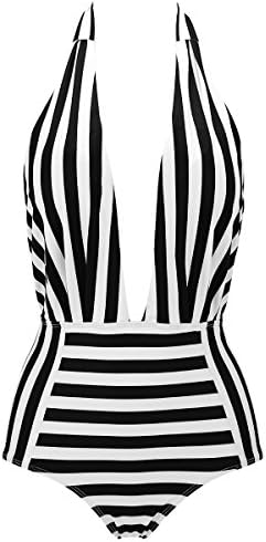Halter One Piece Swimsuit For Women, High Waisted Backless Striped Bathing Suit