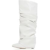 Yishaweiqi Slouched Ruched Fold Over Boots for Women Covered Wedge Heel Patent Leather Knee High Boots Wide Calf Pointed Toe Casual Boots