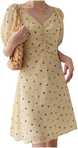 Nekote Women’s Chiffon Dress, Short Sleeve, Above Knee, Floral Pattern, Dot, Puff Sleeve V Neck, Feminine, XL – 3XL