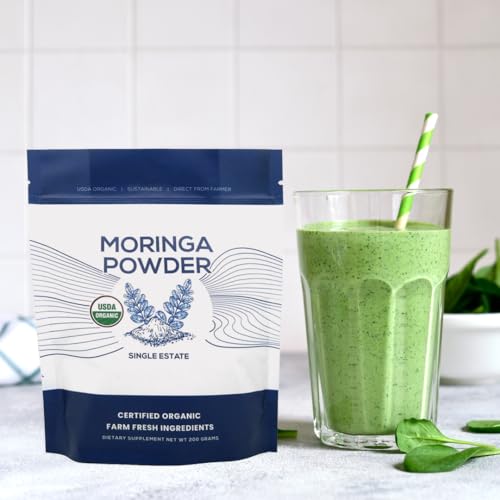 ORGANIC MORINGA POWDER, SINGLE ESTATE, FRESHLY GROUND COLOMBIAN MORINGA, USDA ORGANIC, NON-GMO, GLUTEN FREE IN A RESEALABLE POUCH FOR SMOOTHIES, LATTES, COOKING, 7 OZ (200 G), 100 SERVINGS