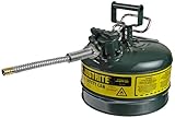 Justrite AccuFlow 7225420 Type II Galvanized Steel Safety Can with 5/8" Flexible Spout, 2.5 Gallon Capacity, Green