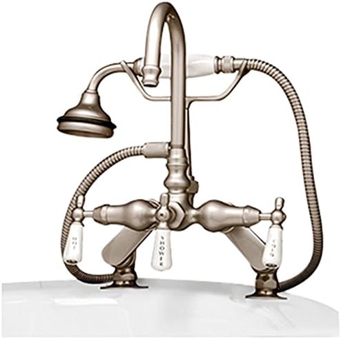 Cambridge Plumbing CAM684D-BN Clawfoot Tub Deck Mount Porcelain Lever English Telephone Brass Faucet with Hand Held Shower, 13" x 12" x 9", Brushed Nickel