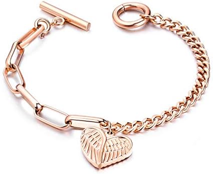 Fashion Ahead Charm Bracelet for Women Girls Stainless Steel Chain Link Toggle Clasp, 7.3 inches,Silver Rose Gold