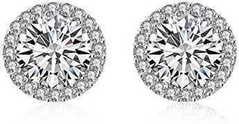 PMANY Halo Stud Earrings White Gold Plated Round Clear Cubic Zirconia Cushion Shape for Women Girls