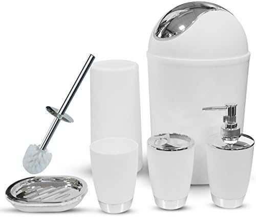 White Bathroom Accessories Sets Complete, 6 Piece Luxury Bath Accessories Set by Rgusen, Lotion Dispenser,Toothbrush Holder, Bathroom Tumblers, Soap Dish, Trash Can, Toilet Brush Set