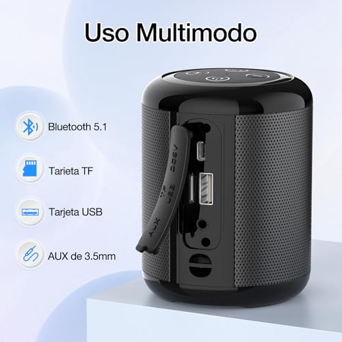 1 Hora Bocina Bluetooth Portátil 5W, Mini Bocina Inalámbrica con USB-C, Radio FM, TWS, USB/TF/AUX, Manos Libres, Batería 1500mAh, Bocina Pequeña para Viaje, Oficina y Casa, Negro