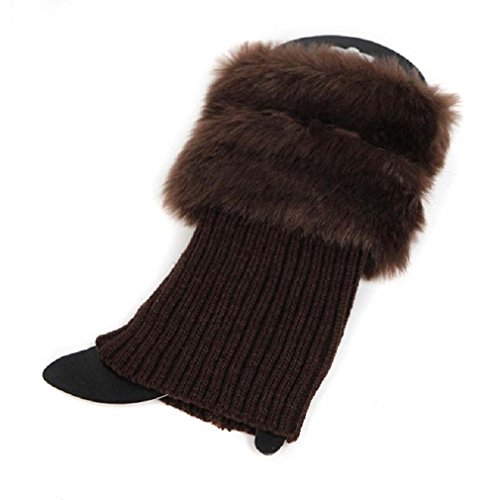 UNKE Women Winter Leg Warmers Lady Crochet Knit Fur Trim Leg Boot Socks Toppers Cuffs ,Coffee